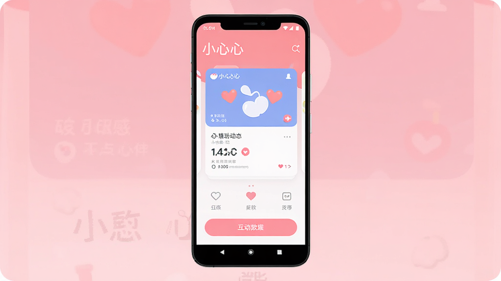 小心心软件主界面展示,主体为一个清爽的安卓手机屏幕,屏幕中央显示小心心应用的主页,包含心情动态卡片和互动按钮,布局为手机正面居中展示,背景为淡粉色渐变,风格为现代简约扁平化,细节上屏幕内文字清晰可见包含“小心心”字样,画质为高清渲染,干净无多余元素