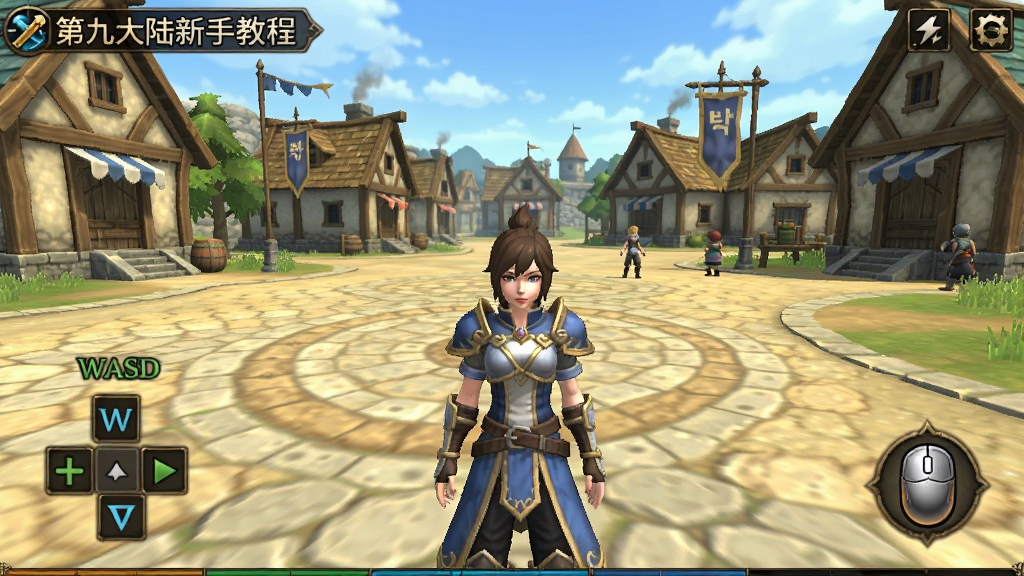 �ھŴ�½���ֽ̳̽����ͼ��������һλNPC��������ҽ�ɫ�������Ҫ�죬������ʾWASD�ƶ���ʾ������������ͼ�꣬����Ϊ���ִ�㳡�����Ϊ��ϵ�����ϷUI���Ű����������ʾ�ϸ���ɾ��޶���Ԫ��