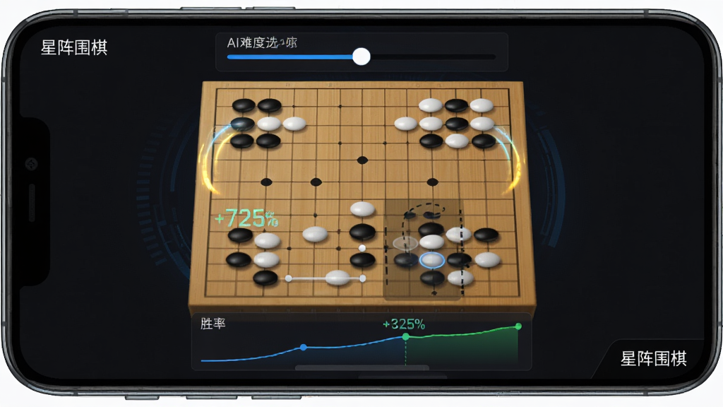 星阵围棋AI对弈界面,画面主体为手机屏幕中显示围棋棋盘,棋盘两侧分布黑白棋子,布局为上下结构上方显示AI难度选择滑块下方显示胜率曲线,排版清晰,风格为深色主题科技风,细节包括AI思考时的光效动画、胜率百分比数字跳动、落子预览虚影,屏幕角落标注“星阵围棋”字样,画质高清,干净,无多余元素