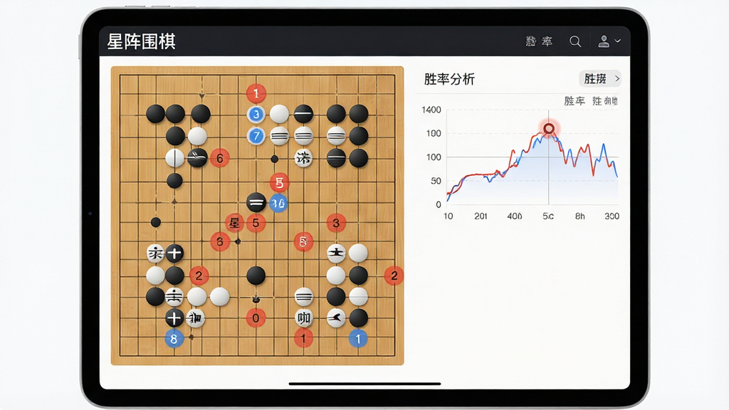 星阵围棋复盘分析界面,主体为平板电脑屏幕显示围棋棋盘与胜率曲线图,布局为左侧棋盘右侧数据面板,排版规整,风格为明亮简洁的商务风,细节包括红蓝颜色标注的选点差异标记、胜率波动折线图、关键手数高亮圆点,画面中有“星阵围棋”文字标识,画质超清,干净,无多余元素