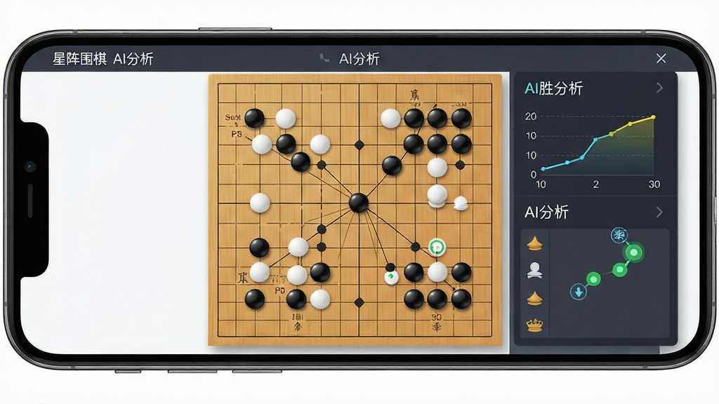 星阵围棋软件界面全景展示,主体为一部智能手机屏幕,屏幕内呈现围棋棋盘与AI分析数据面板,布局采用中心对称构图,排版简洁清爽,风格为现代科技感扁平化设计,细节包括黑白棋子光泽质感、胜率曲线图、AI推荐选点标记,画面中文字标注“星阵围棋”与“AI分析”,画质超清,干净,无多余元素