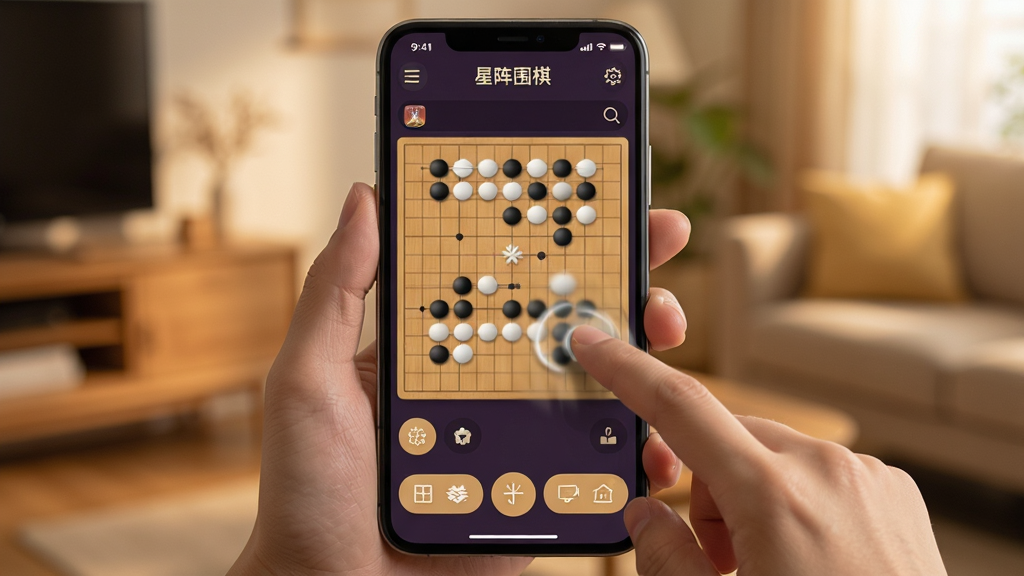 星阵围棋移动端操作界面,主体为手持智能手机展示围棋应用,布局为竖屏单手操作视角,排版突出棋盘与底部功能按钮,风格为温暖舒适的生活化场景,细节包括手指点击棋盘的动态模糊、屏幕边缘的菜单图标、背景虚化的室内环境,画面中显示“星阵围棋”文字,画质高清,干净,无多余元素