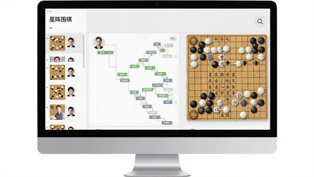星阵围棋棋谱库界面,主体为电脑显示器屏幕展示棋谱列表与棋盘预览,布局为左侧列表右侧棋盘的双栏结构,排版整齐,风格为浅色极简风,细节包括棋谱缩略图、棋手头像、定式变化树状图、搜索放大镜图标,画面中显示“星阵围棋”名称,画质清晰,干净,无多余元素
