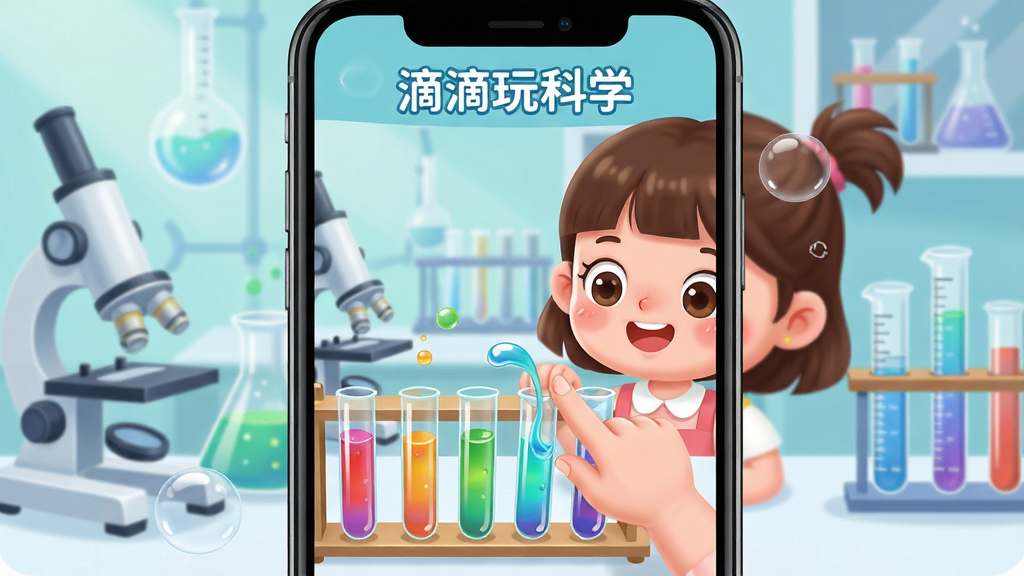 �ֻ���Ļ��ʾ�ε����ѧ����ʵ����棬������һ����ͨСŮ����������ָ��ק��Ļ�ϵĲ�ɫ�Թܣ��Թ���Һ����ֽ���ɫ�ʣ�������ʵ���ҳ���������΢�����ձ�����Ͳ�����ģ�����Ϊ�����ֻ�����չʾ���Ű�ͻ��ʵ��������򣬷��Ϊ���¿�ͨ�磬ϸ�ڰ����߹ⷴ�䡢Һ������Ч����ͼƬ�д����֡��ε����ѧ�������ʸ��壬�ɾ����޶���Ԫ��