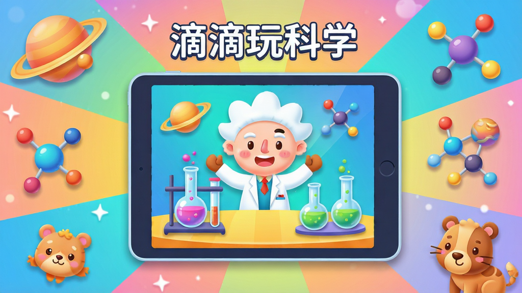 ��ͯ��ѧ����Ӧ�ó�������������չʾһ��ƽ����ԣ���Ļ����ʾ��ͨ���Ŀ�ѧ������Ͳ�ɫʵ�����ģ���Χ���������򡢷��ӽṹ��С����ȿ�ѧԪ�أ����ֲ������ķ���ʽ��ͼ���Ű��������򣬷��Ϊ�������õĿ�ͨ�廭�磬ϸ�ڰ�������ɫ�ʡ�Բ�������������Ӱ��ͼƬ�д����֡��ε����ѧ�������ʸ��壬�ɾ����޶���Ԫ��