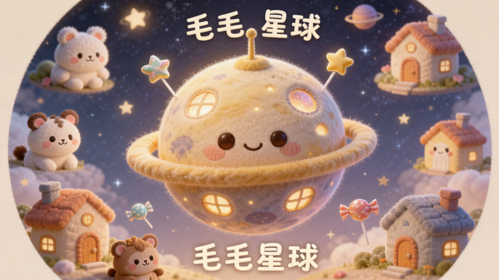 一只圆润可爱的毛绒小星球悬浮在柔和星空中,主体居中,周围环绕着微笑的卡通小动物和彩色小房子,排版采用圆形构图,风格为温暖治愈的3D卡通渲染,细节包括星球表面毛茸茸的纹理、发光的小窗户和飘浮的星星糖果,画质高清,画面干净,无多余元素,图片中文字“毛毛星球”