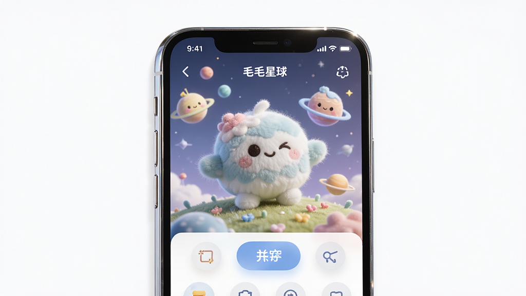 一部智能手机屏幕上显示毛毛星球的社区界面,主体为手机与界面,布局为居中展示,排版突出毛绒角色和星球场景,风格为干净的数码产品展示图,细节包括手机边缘的高光、屏幕内柔和的色彩和悬浮的互动按钮,画质清晰,画面干净,无多余元素,图片中文字“毛毛星球”