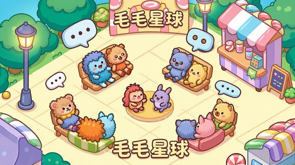 一个色彩缤纷的卡通星球社区广场,布局为俯视视角,排版展示多个毛绒角色围坐互动,风格为明亮活泼的2D插画,细节包括发光的路灯、漂浮的对话框和糖果色的小摊位,画质清晰,画面干净,无多余元素,图片中文字“毛毛星球”