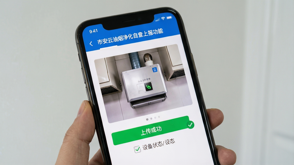 市安云油烟净化自查上报功能界面,画面展示手机屏幕中正在上传油烟净化器照片,界面有“上传成功”绿色提示,旁边有设备状态勾选项,风格写实,画质清晰,干净无多余元素