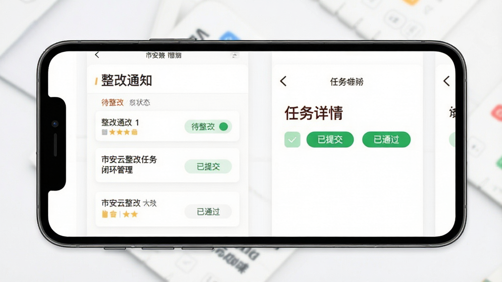 市安云整改任务闭环管理界面,手机屏幕显示整改通知列表和任务详情页,有“待整改”“已提交”“已通过”状态标签,背景为白色卡片式布局,风格简洁,画质干净,无多余元素