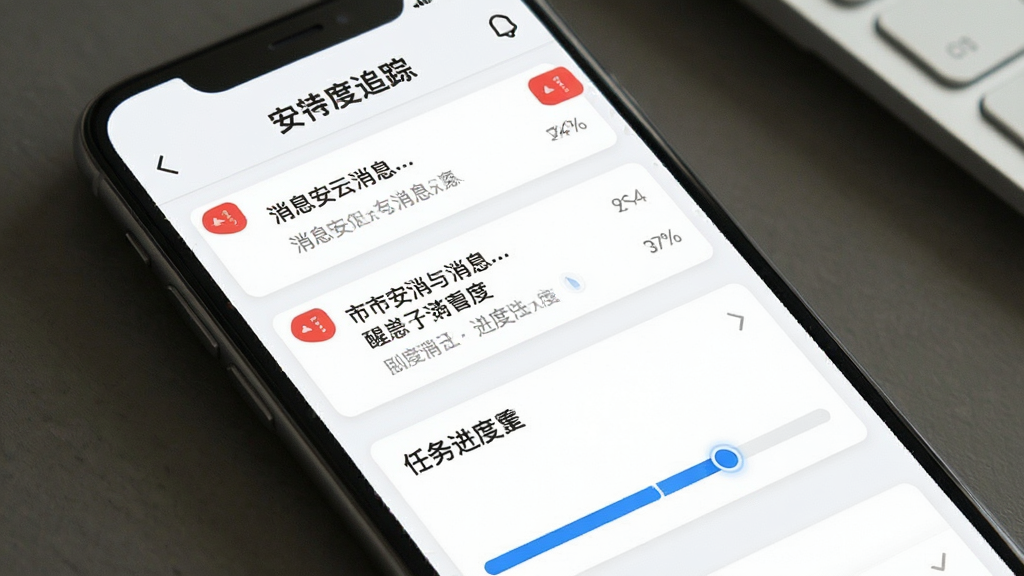 市安云消息提醒与进度追踪界面,手机屏幕展示消息列表和任务进度条,有红色未读角标和蓝色进度指示,风格清爽,画质干净,无多余元素