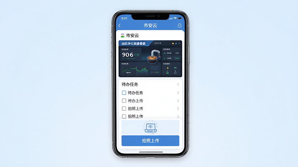 市安云手机应用界面展示,画面中央是一部竖屏智能手机,屏幕中显示市安云APP首页,包含油烟净化数据看板、待办任务列表、拍照上传入口等功能模块,背景为浅蓝色渐变,风格简洁商务,细节清晰,画质干净,无多余元素