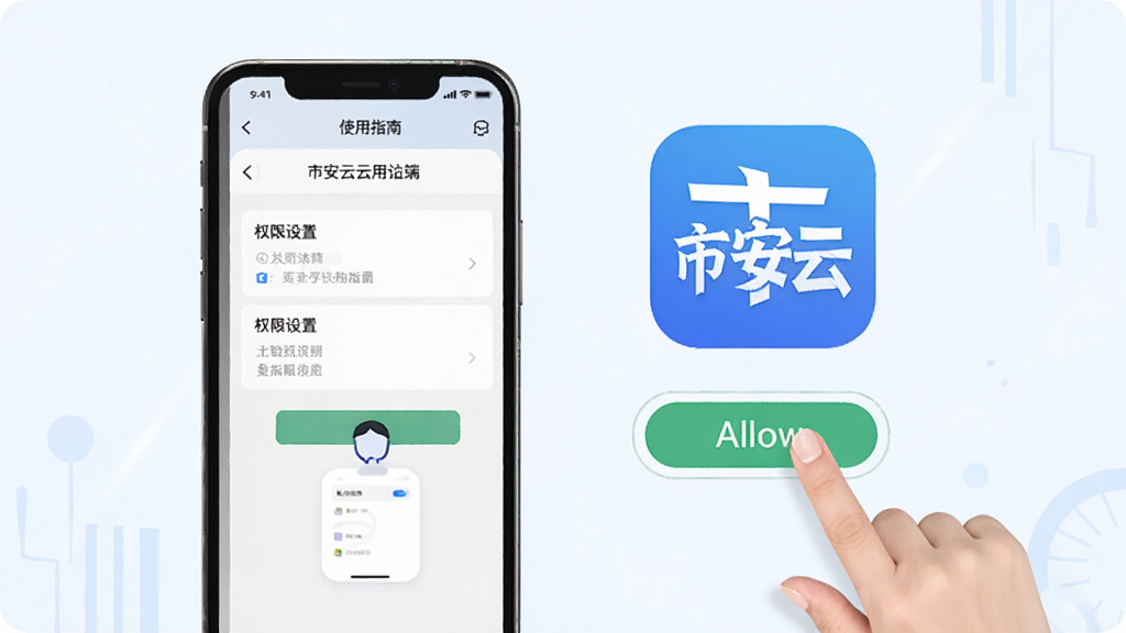 市安云移动端使用指南示意图,画面展示手机屏幕中权限设置页面和市安云应用图标,旁边有手指点击允许按钮的动作,风格简洁明快,画质清晰,干净无多余元素