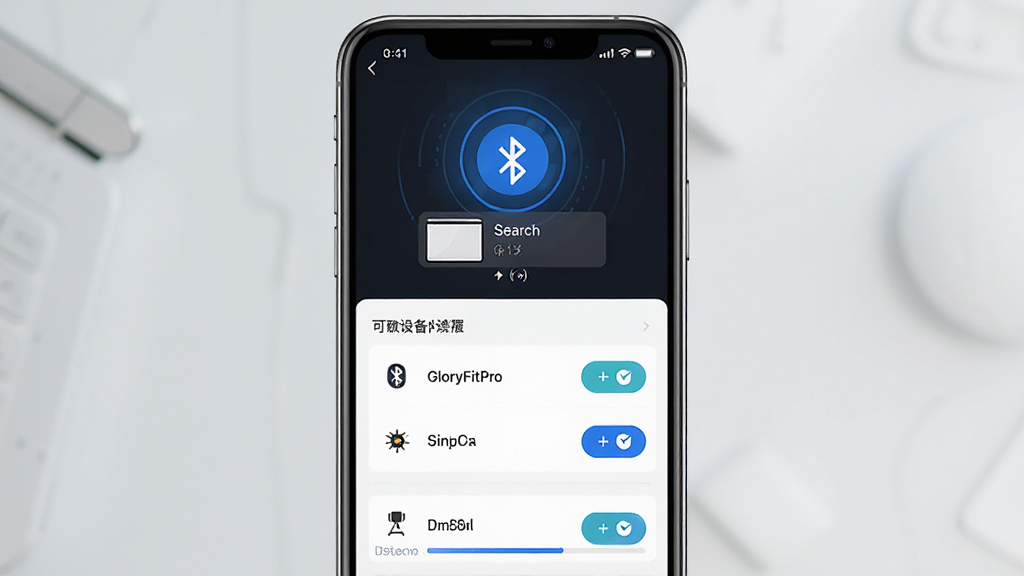 GloryFitPro软件设备连接设置页面的操作示意图,主体为手机屏幕展示蓝牙搜索与设备配对界面,布局为居中手机展示,排版为上方显示搜索动画下方显示可用设备列表,风格为简洁明快科技风,细节包括蓝牙图标、设备名称、连接按钮、进度条,画质高清干净无多余元素
