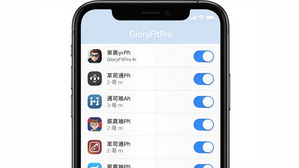 GloryFitPro软件消息通知设置界面的手机截图风格图片,主体为手机屏幕显示通知管理列表与开关按钮,布局为居中手机展示,排版为顶部标题栏下方为应用列表逐行排列,风格为清新浅色简约设计,细节包括各应用图标、蓝色开关按钮、灰色分割线,画质高清干净无多余元素