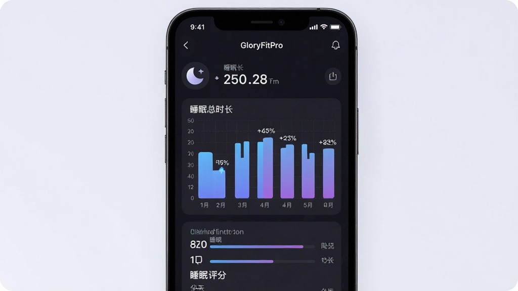 GloryFitPro软件中睡眠监测数据页面的界面展示图,主体为手机屏幕显示睡眠阶段柱状图与睡眠评分,布局为全屏界面展示,排版为上方显示睡眠总时长下方显示各阶段占比,风格为深色模式柔和色调,细节包括月亮图标、蓝色与紫色渐变柱状图、百分比数字标注,画质清晰干净无多余元素