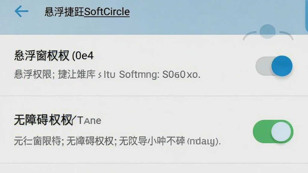 悬浮捷径SoftCircle权限设置界面截图,画面展示安卓手机设置页面中悬浮窗权限和无障碍权限的开启状态,布局为手机设置列表样式,风格为真实系统截图风格,细节包含权限开关和说明文字,画质清晰,干净,无多余元素