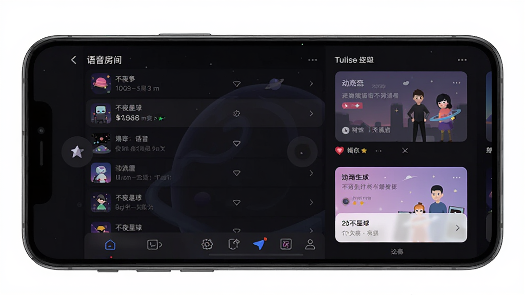 不夜星球移动端操作界面截图,画面展示一部智能手机屏幕,屏幕上显示不夜星球的应用界面,包括底部导航栏、语音房间列表和动态卡片,背景为深色模式,界面元素清晰可见,风格为扁平化UI设计,布局整洁,画质高清,无多余元素