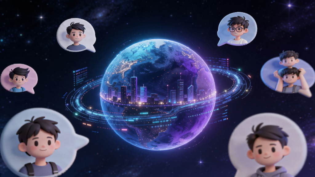 不夜星球软件主界面预览图,画面中央悬浮着一颗散发着蓝紫色光芒的虚拟星球,星球表面有城市灯光与流动的数据线条,背景是深邃的宇宙星空,前景有若干卡通风格的年轻用户头像气泡环绕星球,整体布局为手机屏幕竖版构图,风格为科幻梦幻、干净明亮,画质高清,无多余元素