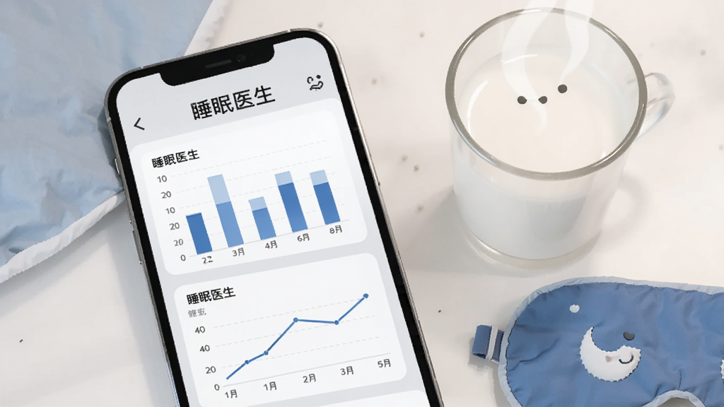 手机屏幕展示“乙十睡眠医生”的睡眠报告页面,页面上有柱状图和折线图,图表标题写着“睡眠医生”,背景为浅灰色,手机旁边放着一杯温牛奶和眼罩,整体风格温馨安静,扁平化设计,蓝白配色,画面干净,高清画质