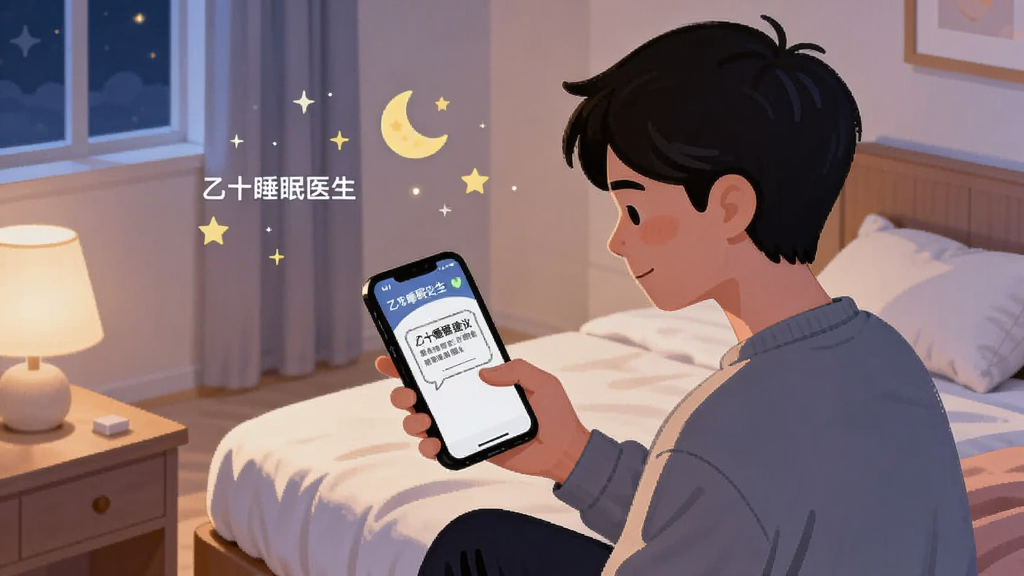 画面中一位年轻人坐在床边看手机,手机屏幕上显示“乙十睡眠医生”给出的睡眠建议文字框,旁边有月亮和星星的图标,房间灯光柔和,整体氛围安静舒适,插画风格,暖色调与冷色调结合,画质清晰,无杂乱元素