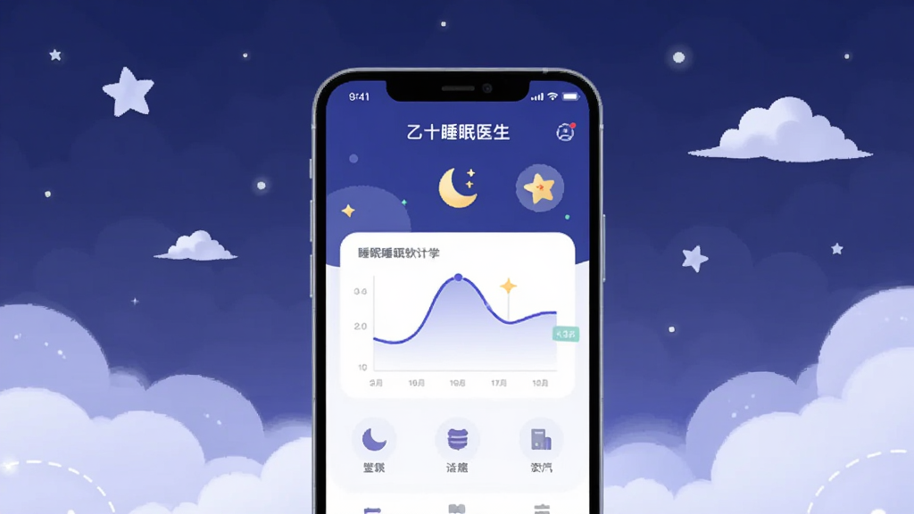 画面中央放置一部智能手机,手机屏幕上显示“乙十睡眠医生”应用主界面,界面中有睡眠曲线图和月牙图标,手机周围环绕柔和的深蓝色夜空背景、星星和云朵元素,整体采用扁平化插画风格,色调以深蓝、浅紫和白色为主,画面干净整洁,无多余装饰,高清画质,适合作为软件下载站配图
