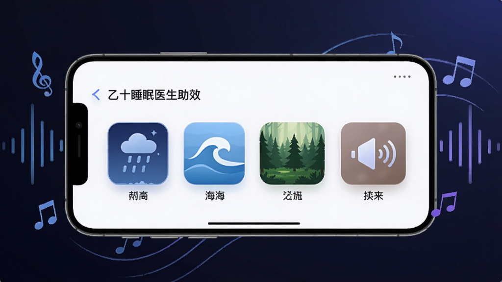 手机横屏展示“乙十睡眠医生”助眠音效界面,界面中有雨声、海浪、森林等音效图标,手机周围环绕音符和声波图案,背景为深色渐变,整体风格现代简约,蓝紫色调,画面干净,高清画质