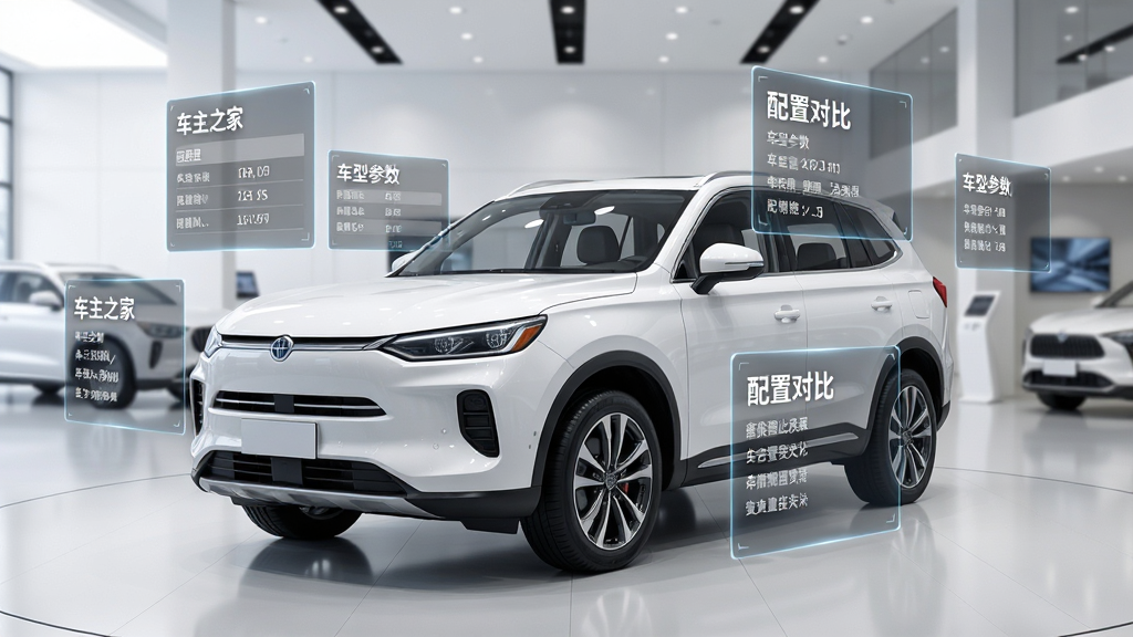 һ����ɫSUVͣ��չ�����룬������Χ�����Ű�͸���Ĳ�����Ϣ��壬����������ı�ע������֮�ҡ������Ͳ����������öԱȡ�������������Ϊ����������չ�������ֲ������Ĺ�ͼ�����Ϊ�Ƽ���дʵ��Ⱦ��ϸ�������ֳ����������������Ĺ����ʸУ����ʸ��壬����ɾ����޶���Ԫ��