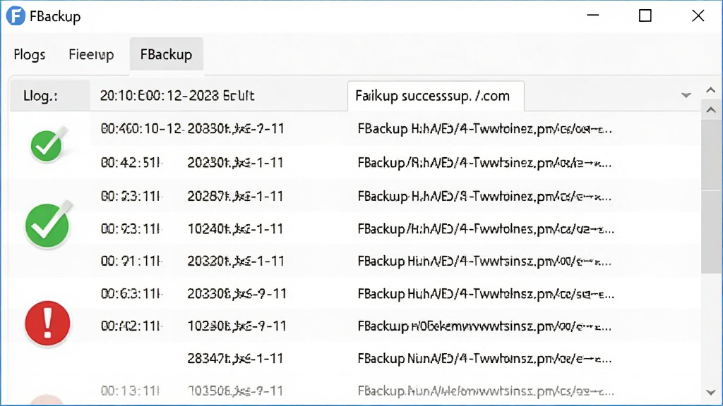 FBackup软件运行日志界面显示备份成功与失败记录,界面中有绿色对勾和红色感叹号图标,背景为白色工作区,排版采用列表形式,风格简洁直观,细节包含时间戳和文件路径,画质高清,干净,无多余元素