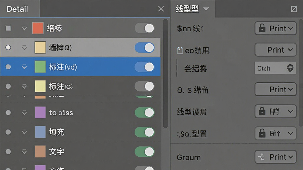 一张展示Detail 结构细部设计软件图层管理面板的图片,画面左侧为图层列表,包含墙体、标注、填充、文字等图层名称,每个图层配有颜色块与开关图标,右侧为线型设置区域,风格为简洁的软件侧边栏设计,细节包含锁定与打印控制按钮,画质清晰,画面干净,无多余元素