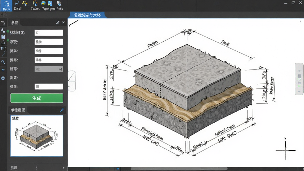 一张展示Detail 结构细部设计软件一键生成大样详图功能的图片,画面中绘图区显示一个完整的地面收边节点大样,包含多层材料填充与尺寸标注,左侧参数面板显示材料厚度与宽度输入框,风格为现代工程软件界面,细节包含生成按钮与预览缩略图,画质高清,画面干净,无多余元素