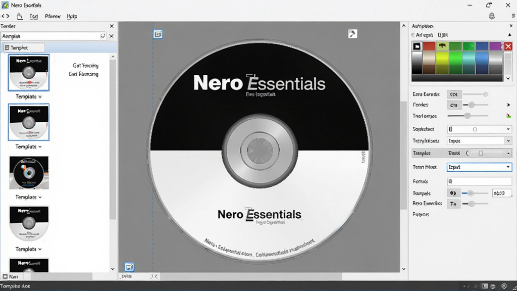 画面主体为 Nero Essentials 软件界面中的光盘封面设计模块,界面中央显示一张正在编辑的光盘标签,标签上有