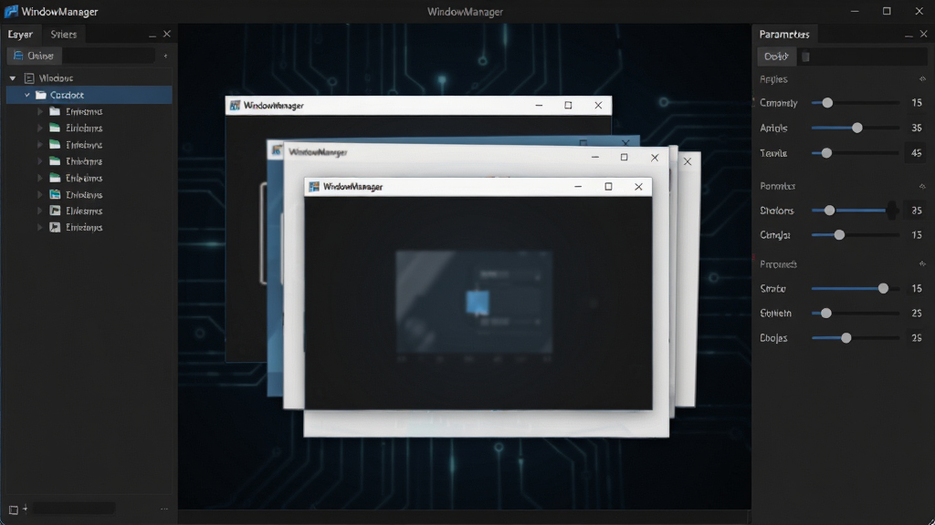 WindowManager软件主界面截图,画面中央展示多个悬浮窗口叠加排列,左侧为窗口层级列表,右侧为参数调节面板,整体采用深色科技风格,界面干净整洁,文字清晰标注“WindowManager”,画质高清,无多余元素