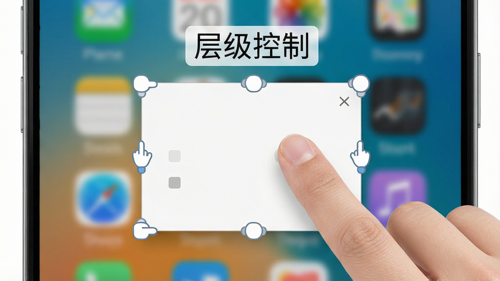 WindowManager功能展示图,画面中一只手正在拖动悬浮窗口,窗口边缘显示调整手柄,背景为手机主屏幕,窗口上方标注“层级控制”字样,整体风格简洁明亮,画质清晰,无杂乱元素