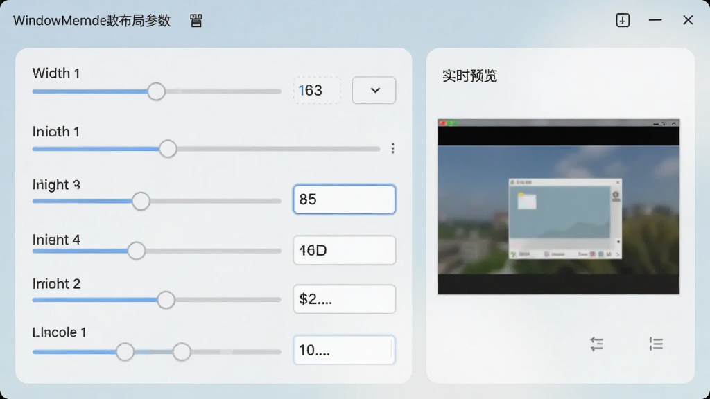WindowManager布局参数设置界面,屏幕显示多个滑块和输入框,正在调整窗口宽度和高度数值,旁边有实时预览小窗口,界面采用卡片式设计,配色柔和,文字标注“实时预览”,画质干净无多余元素