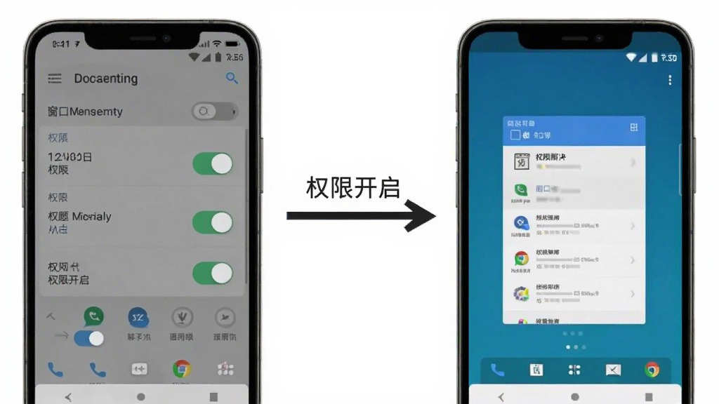 WindowManager问题解决流程图,画面左侧显示手机设置界面中的权限开关,右侧展示窗口正常运行的画面,中间用箭头连接,风格简洁清晰,文字标注“权限开启”,画质干净无多余元素
