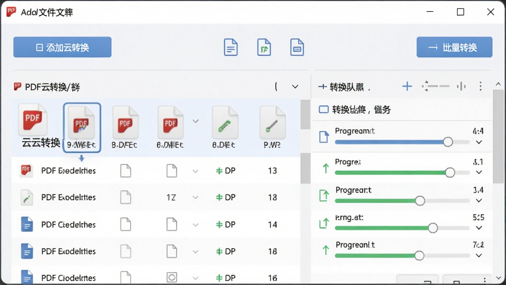 չʾPDF��ת�������ļ��������ܽ��棬����Ϊ���������е��ļ��б���ת�����У�����Ϊ���½ṹ���Ϸ�Ϊ�����ļ���ť���·�Ϊ���ļ��б��������ʾ���Ű����룬���Ϊ��ˬ�칫��������磬ϸ�ڰ���PDF��ת�����ơ�����ļ�ͼ�ꡢ����ת����ť�������������ʸ��壬����ɾ����޶���Ԫ��