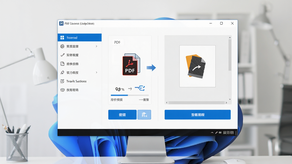 ��ͼչʾPDF��ת��������Windows�����ϵ������棬����Ϊ�������ھ�����ʾ���������Ϊ���ܵ��������Ҳ�Ϊ�ļ���ק�����Ű��������������Ϊ�ִ���Լ�칫�磬ϸ�ڰ���PDF�ļ�ͼ�ꡢת����ͷ������������ɫ��ɫ����ť�����ʸ��壬����ɾ����޶���Ԫ��