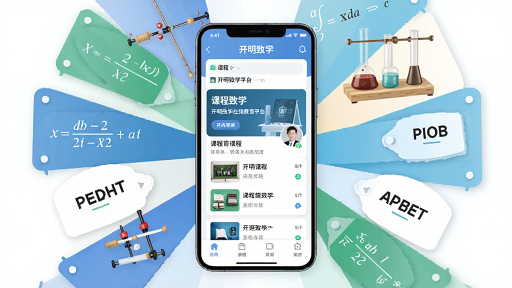 一张展示开明致学在线教育平台核心功能的场景图,主体为一部智能手机屏幕显示开明致学APP的课程界面,周围环绕数学公式、物理实验器材、英语单词卡片等学习元素,布局采用中心辐射式构图,风格为现代扁平化科技教育风,细节包括屏幕上的课程列表和讲师头像,画质清晰,干净,无多余元素
