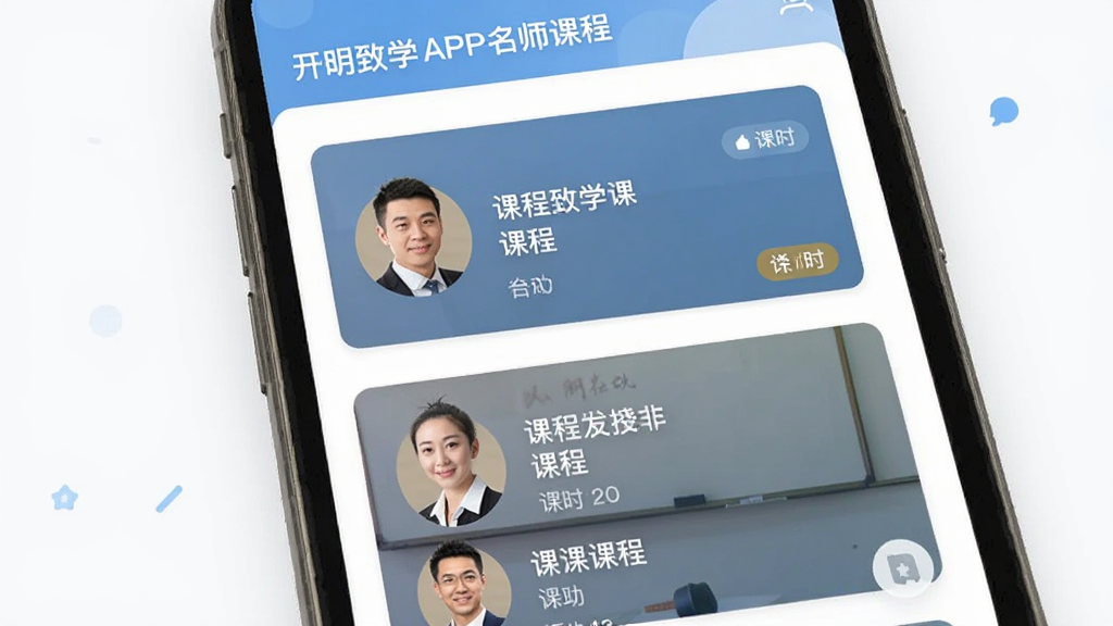 开明致学APP名师课程页面截图风格图,主体为手机屏幕显示多位讲师课程卡片列表,布局为纵向排列的课程卡片,风格为清新教育类UI设计,细节包括讲师头像、课程名称、课时数量标签,画质清晰,干净,无多余元素