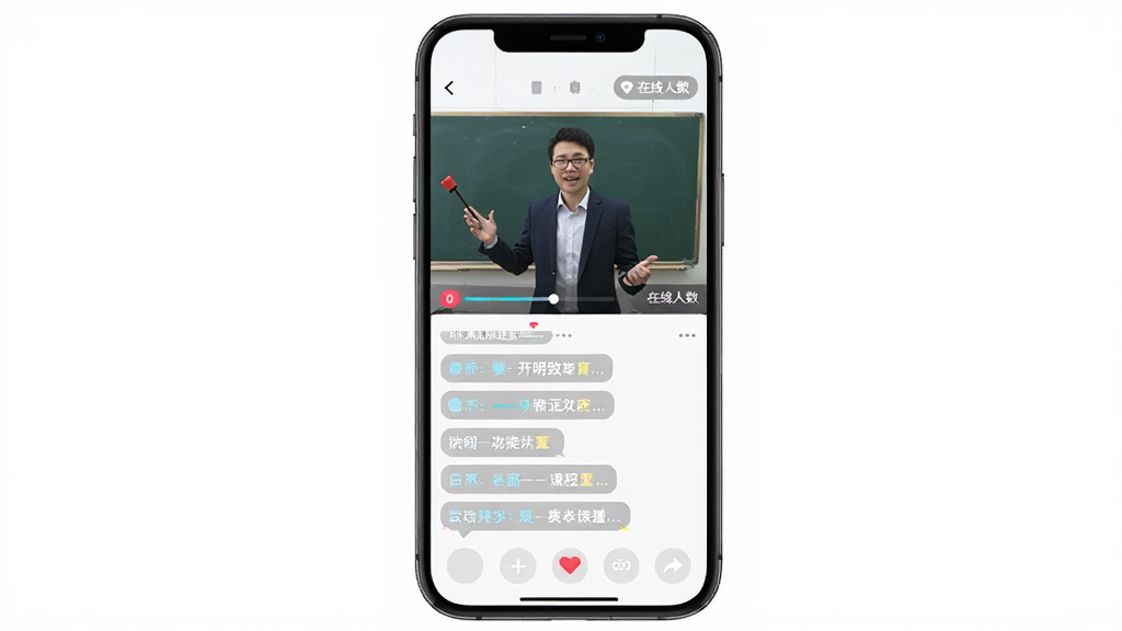 开明致学APP直播课程界面示意图,主体为手机屏幕显示直播课堂画面,包含讲师授课区域和互动弹幕区域,布局为上下分屏结构,风格为现代在线教育直播界面,细节包括课程进度条和在线人数显示,画质清晰,干净,无多余元素