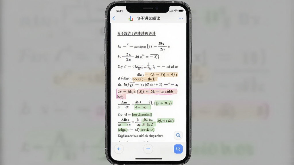 开明致学APP电子讲义阅读界面图,主体为手机屏幕显示数学讲义文档,包含公式和重点标注,布局为文档阅读模式,风格为简洁阅读类UI,细节包括翻页控件和缩放按钮,画质清晰,干净,无多余元素