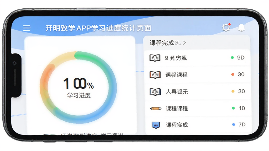开明致学APP学习进度统计页面图,主体为手机屏幕显示学习进度环形图和课程完成列表,布局为上下结构的数据展示,风格为数据可视化教育类UI,细节包括百分比数字和课程名称列表,画质清晰,干净,无多余元素