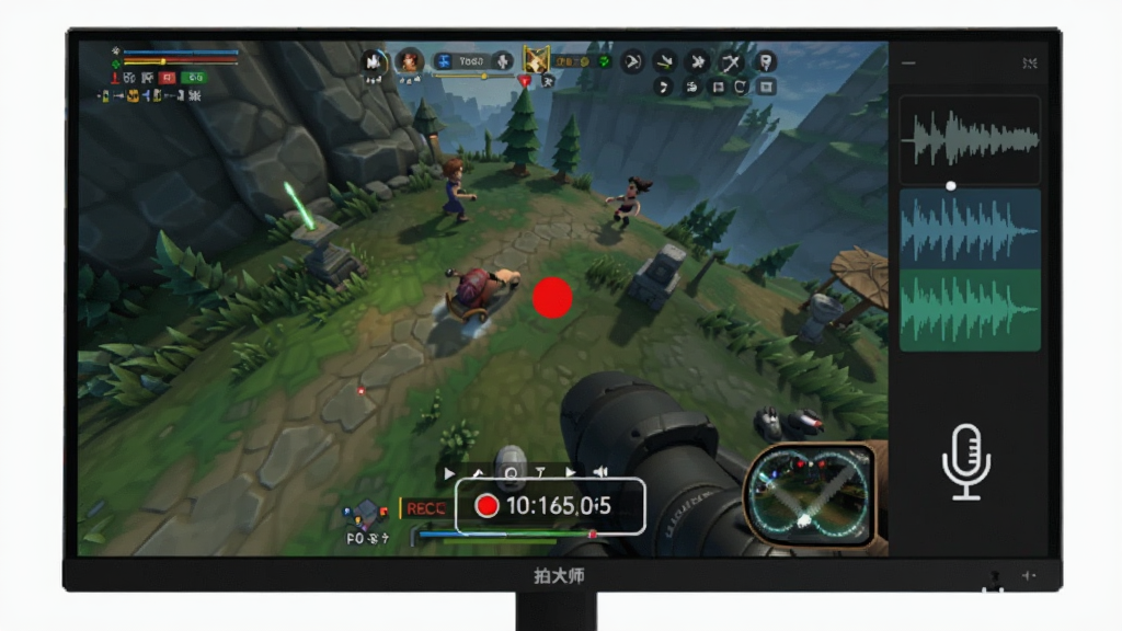 一张展示拍大师屏幕录制功能的场景图,主体为一台显示器正在录制游戏画面,屏幕中央有录制红点和计时器,画面右侧显示音轨波形和麦克风图标,布局为横向宽幅,风格偏科技感,细节上突出高清画质和音画同步,画质清晰干净,无多余元素。
