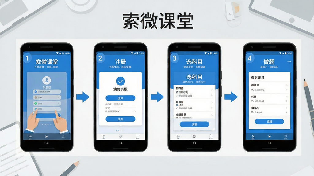 一幅展示“索微课堂”手机端操作步骤的示意图,画面主体是一部竖屏安卓手机,屏幕上依次展示安装、注册、选科目、做题四个步骤的界面缩略图,布局采用横向排列的四格分镜构图,手机位于画面中央,背景是浅灰色桌面,风格为扁平化UI示意图,细节上每个步骤界面有数字标注、箭头引导,整体色调以蓝白为主,画质清晰,干净,无多余元素。