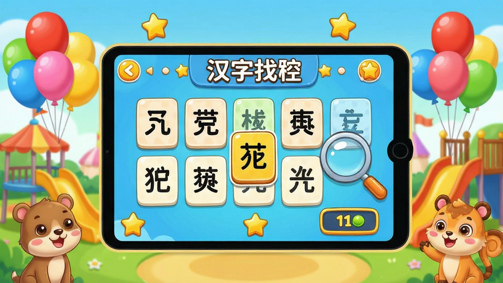 宝宝儿童学汉字益智巩固游戏功能展示,画面中央是一个卡通游乐园场景,有“汉字找茬”游戏界面,屏幕上显示多个汉字卡片,其中一个与其他不同,旁边有放大镜图标和得分显示,布局为游戏界面式,排版活泼,风格为欢乐游戏风,细节包括彩色气球、奖励星星、卡通小动物,画质高清,画面干净,无多余元素