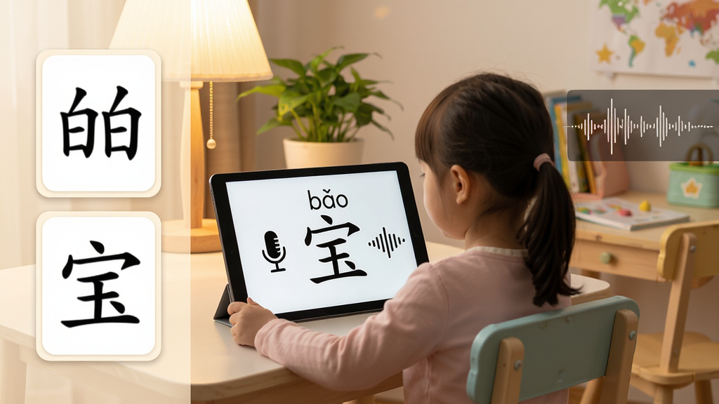 宝宝儿童学汉字标准发音跟读功能展示,画面中央是一个小女孩对着平板电脑跟读汉字,屏幕上显示拼音“bǎo”和汉字“宝”,旁边有麦克风图标和声波图案,布局为左右分栏式,左侧是汉字卡片,右侧是发音波形,排版清晰,风格为温馨家庭风,细节包括柔和的灯光、绿色植物、学习桌椅,画质高清,画面干净,无多余元素