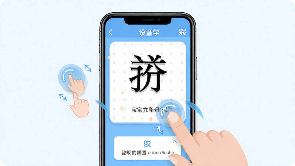 宝宝儿童学汉字移动端使用操作示意图,画面中央展示一部智能手机,屏幕上显示软件的学习界面,旁边有手指点击屏幕的动画示意,布局为手机特写居中,排版简洁,风格为科技插画风,细节包括手势图标、设置菜单、权限弹窗示意,画质高清,画面干净,无多余元素