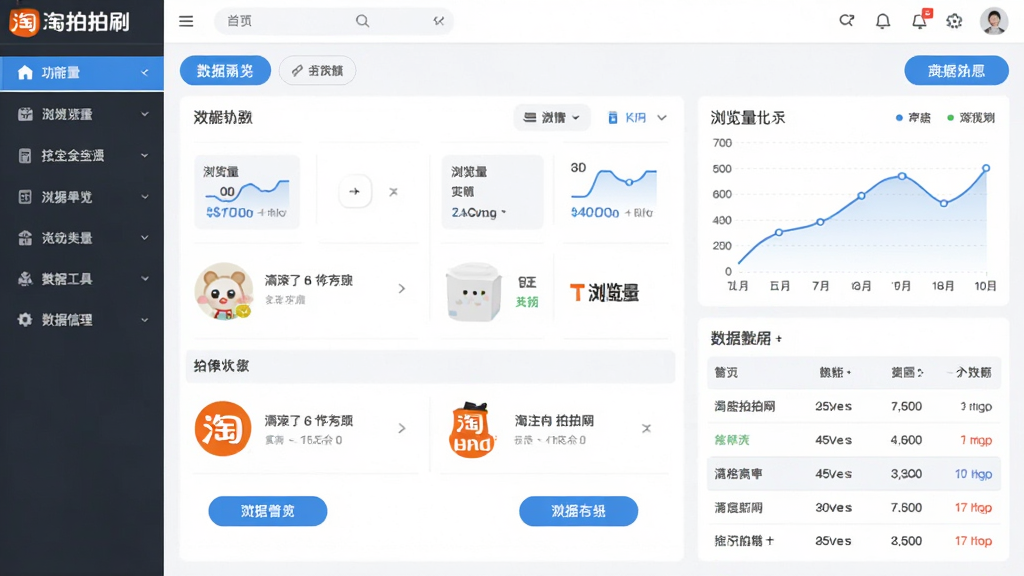 软件主界面截图,画面中央为淘宝拍拍刷浏览量工具的数据看板,左侧为功能菜单栏,右侧显示浏览量折线图与数据列表,整体采用蓝色与白色配色,界面干净整洁,风格为现代商务简约风,细节包括数据图表、按钮图标、店铺头像,画质清晰,无多余元素