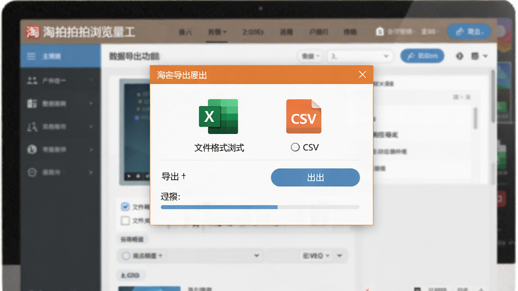 淘宝拍拍刷浏览量工具数据导出功能展示,画面为电脑屏幕上的导出对话框,对话框内有Excel图标和CSV图标,背景为软件主界面,布局居中,风格为扁平化办公风,细节包括文件格式选项、导出按钮、进度条,画质清晰,干净整洁